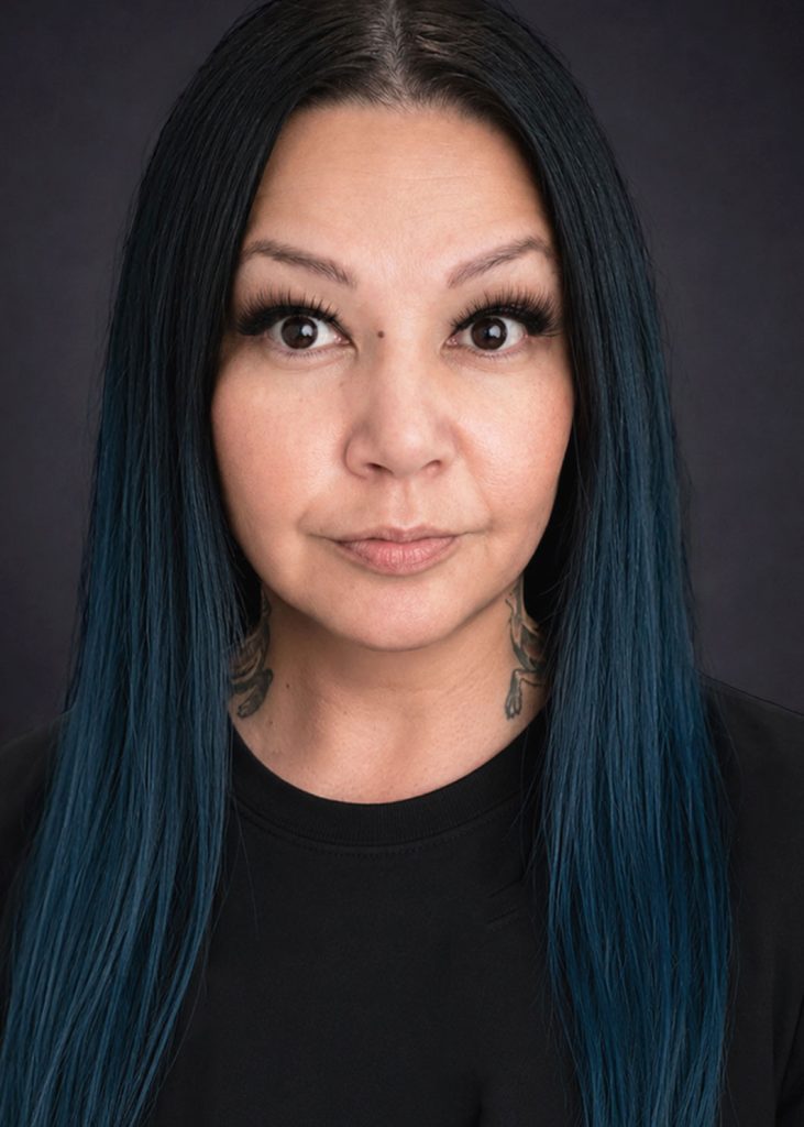 Graphic design logo and portrait of Syilx artist Evelyn Alec, highlighting Indigenous artistry and event artwork collaboration for the Environmental Flows Conference.